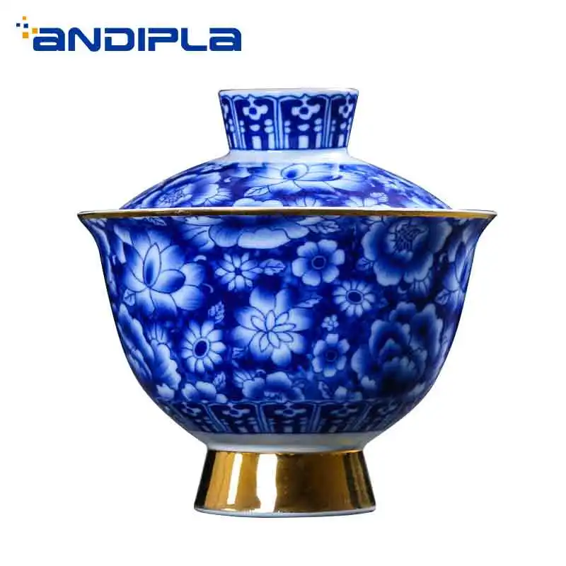 Цзиндэчжэнь керамический синий и белый фарфор винтажный Gaiwan с комплект крышек