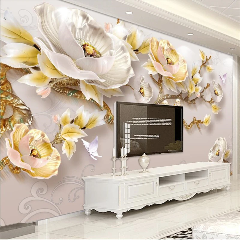 

wellyu Modern minimalist 3D embossed peony new Chinese TV background custom large mural green wallpaper papel de parede