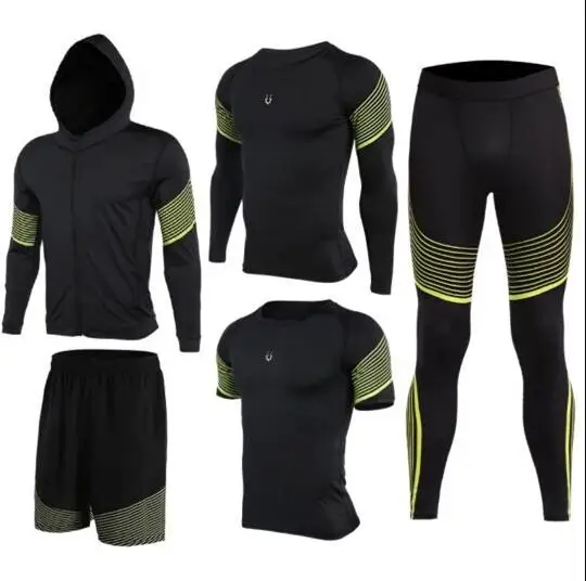 

2018 Sports Suit Men's Quick Dry Running Set Compression Fitness Tights Basketball Training Gym Jogging Suit Sportswear 5pcs/set