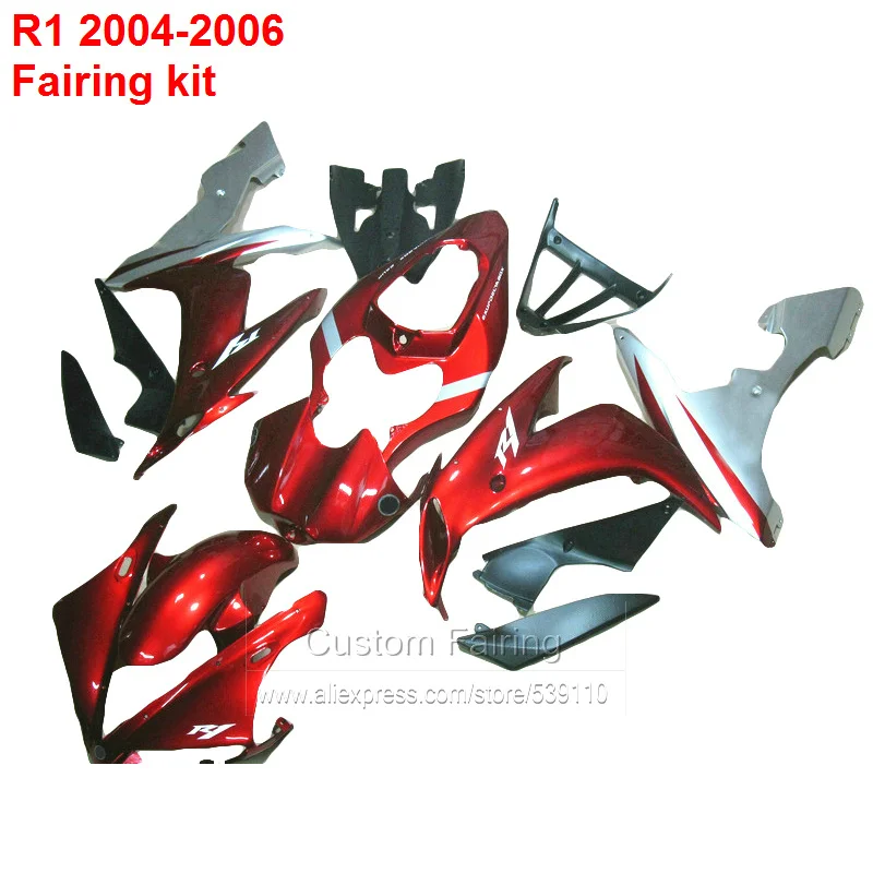 Комплект обтекателей для YAMAHA YZF R1 2004 2005 2006 (винно-красный + серебристый) 7 подарков