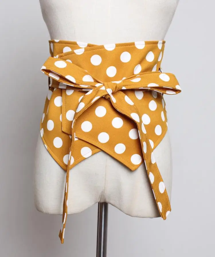 Vintage Dot Print Cummerbund Women Fashion Bandage Bow Chain Wide Belts for Women Pearl Buckle Belt Women's Clothing Accessories