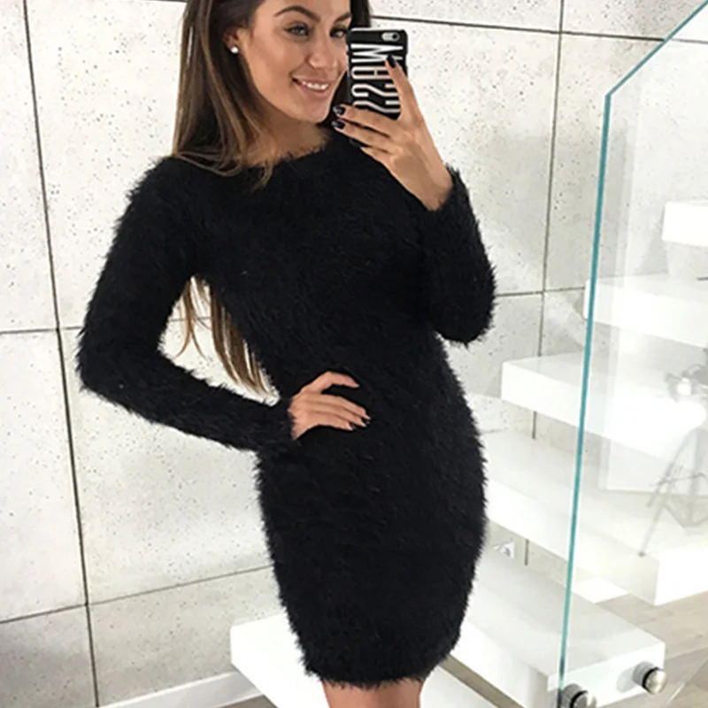 Женские вязаные однотонные платья с круглым вырезом и длинным рукавом Осень зима