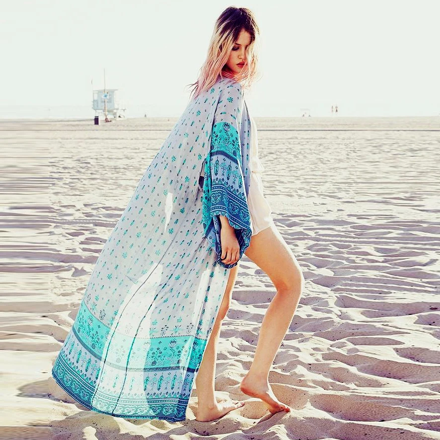 Bsubseach Синий принт Пляжная накидка Boho Femme купальник с длинным рукавом Cover up Для