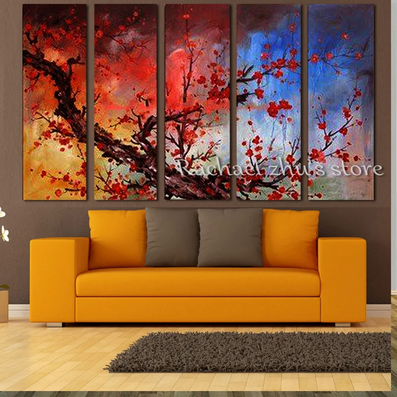Kopen Handgeschilderde 5 Panles Wintersweet Bloem Landschap Olieverfschilderij Landschap Picturer Voor Woonkamer Interieur