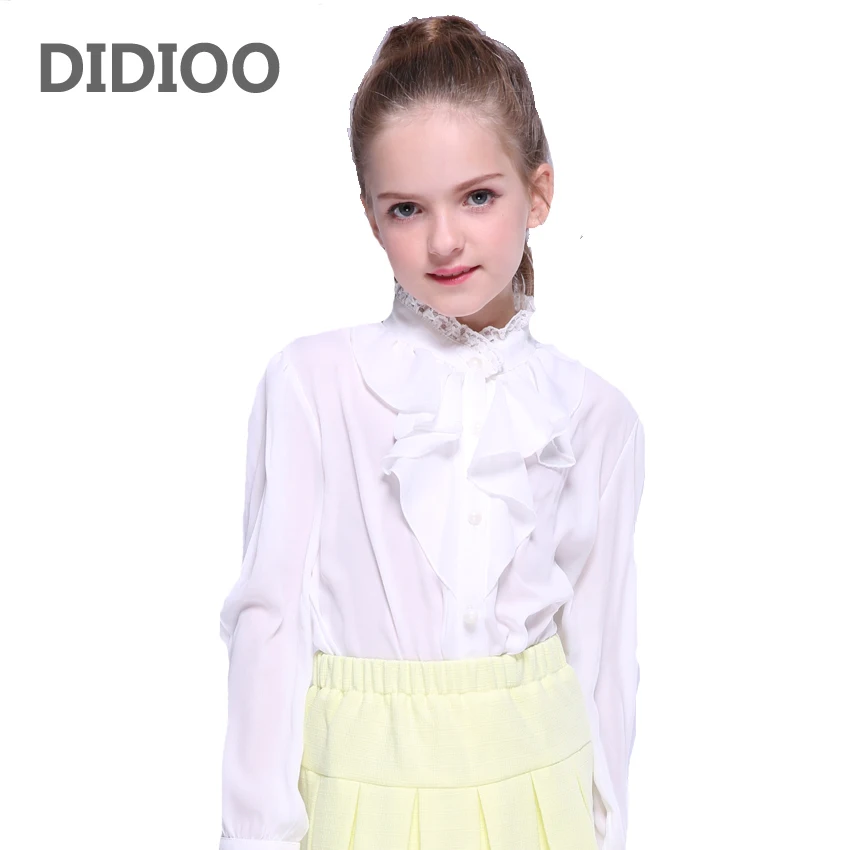 

Girls School Uniforms Chiffon White Blouses For Girls Toddlers Clothing Lace Collar Ruffle Shirts Plus Size Teenage Tops 18M-14Y