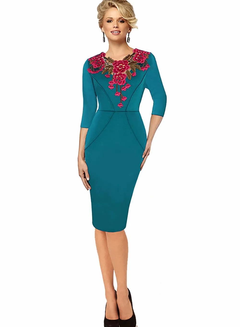 Ретро Вышивка крючком Floral Sheath Dress 2017 женская обувь Bodycon зеленый социальных