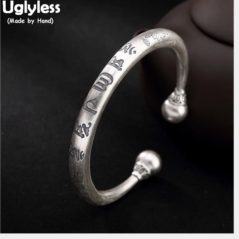 

Uglyless 100% Real Solid 999 Pure Silver Ball Bangles for Women Religious Six-word Open Bangle Buddhism Thai Silver Fine Jewelry