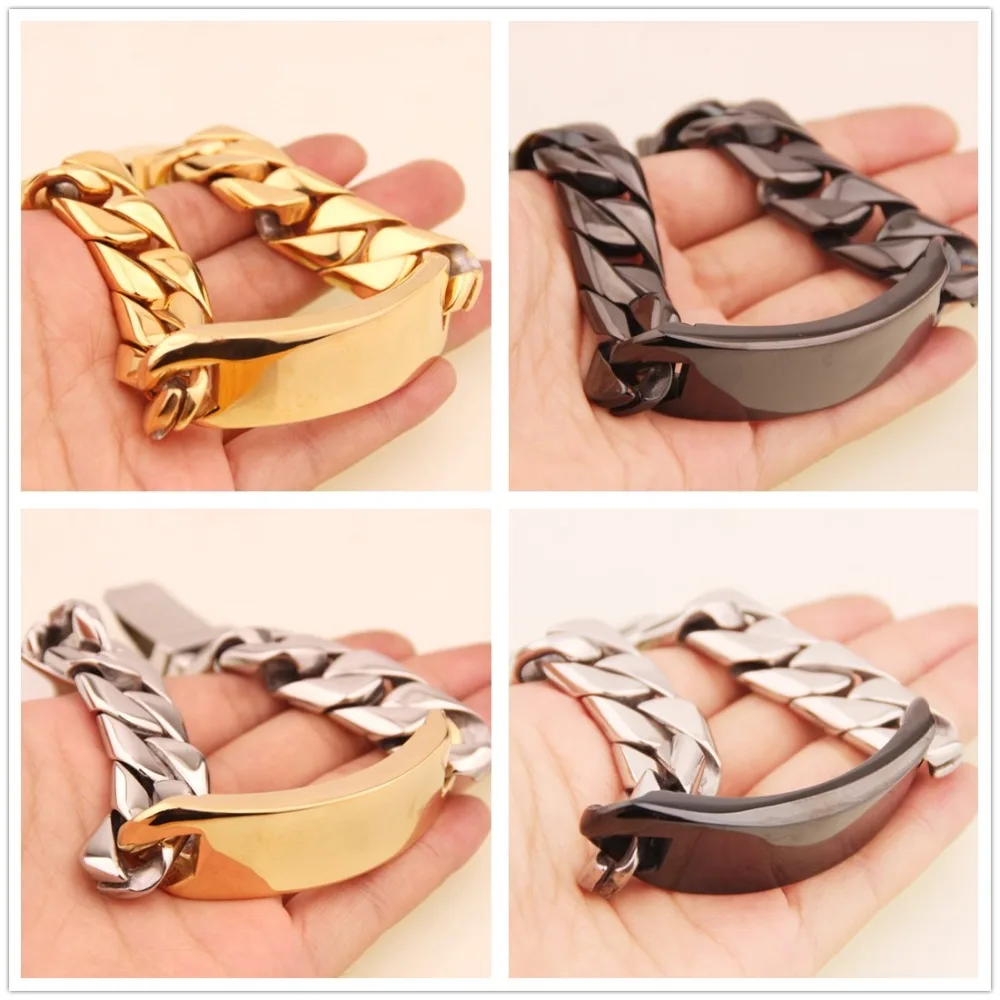 

17mm Cool Heavy Stainless Steel Silver Color Gold Black ID Design Cuban Curb Chain Men's Bracelet Wristband 8.46" Christmas Gift