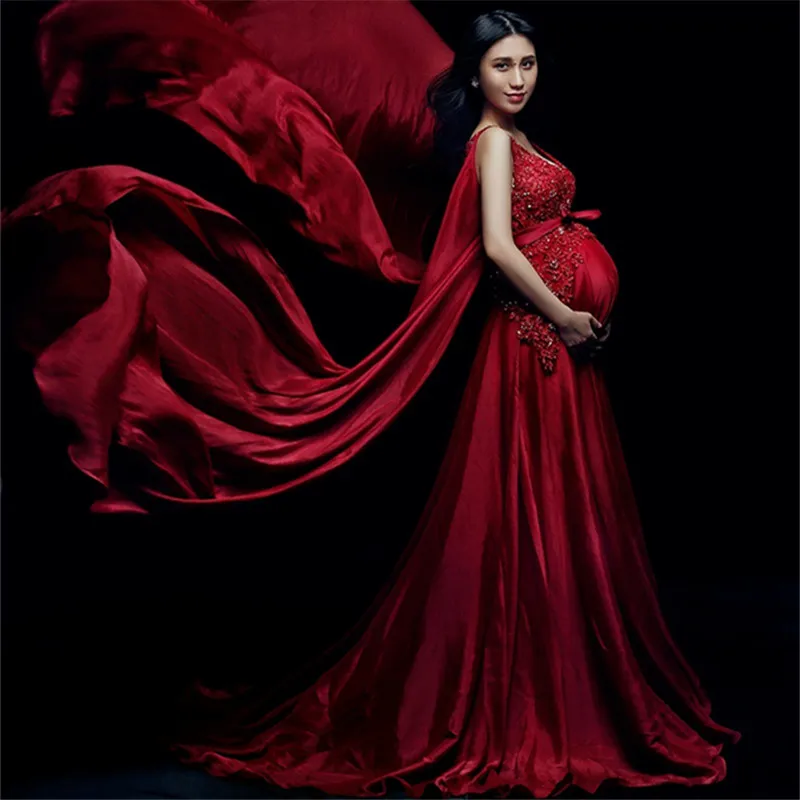 2021 Fancy Wedding Dress Photo Shoot Studio V-Neck Red Maternity Gorgeous Pregnant Photography Props Maternity Gown