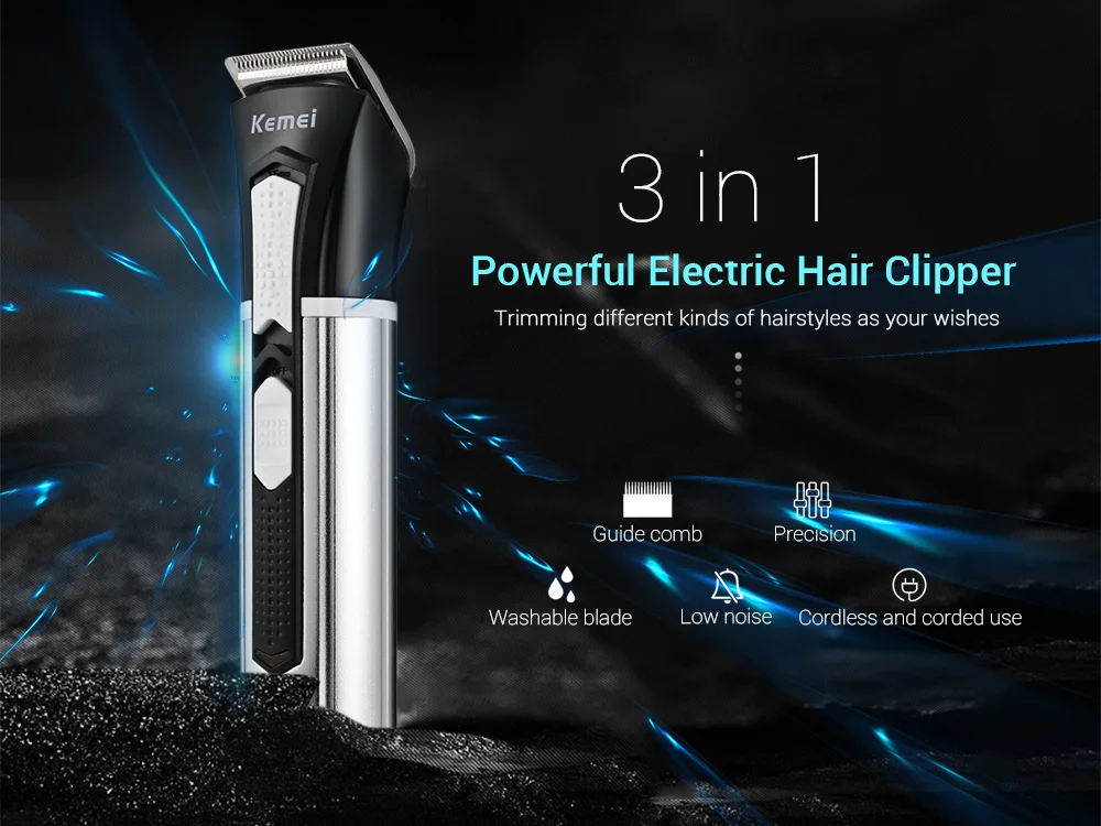 Kemei KM-3007 профессиональная электрическая машинка для стрижки волос, машинка для стрижки волос Титан легированное лезвие 3 в 1 низкий уровень шума четыре ограничивающие насадки
