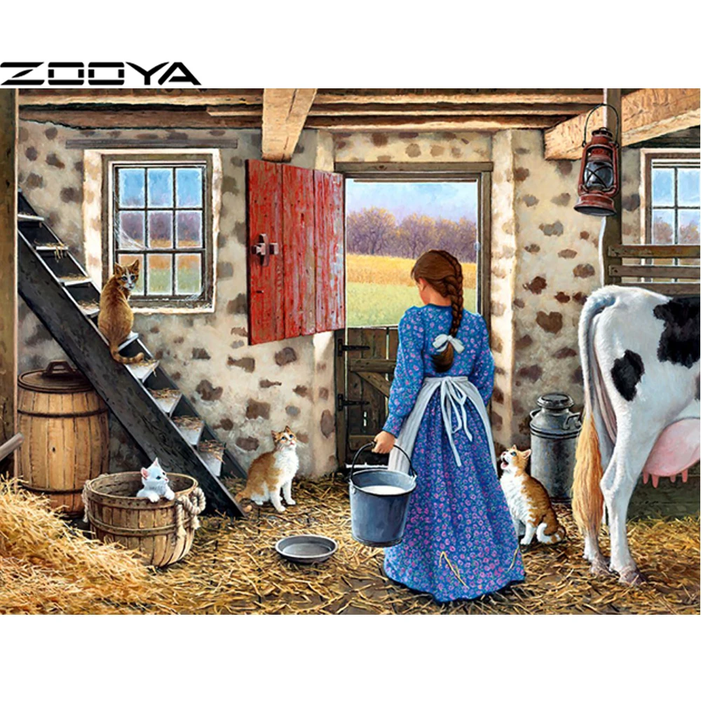 

ZOOYA Diamond Embroidery Girl farm cow 5d Diamond Painting Cross Stitch Full Round Rhinestone Mosaic Home Decoration Gifts R961