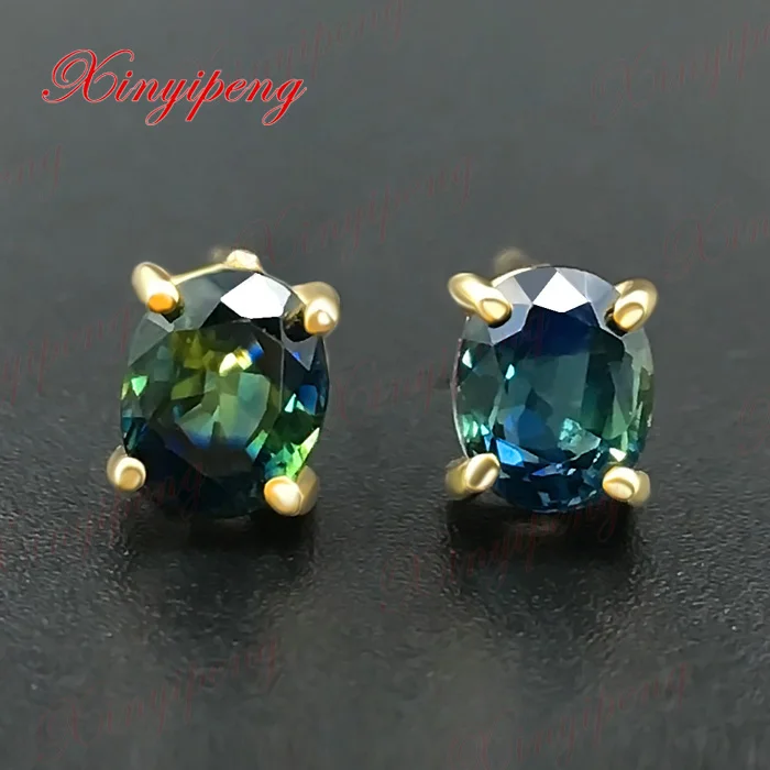 

18 k yellow gold with 100% natural sapphire studs earrings Blue green color of fire Fine jewelry contracted