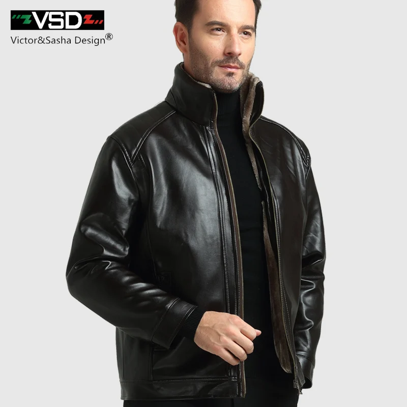 VSD Winter Business Casual Leather Jacket Men Thick Liner PU Suede faux fur collar Male leather jackets coats Outerwear B01