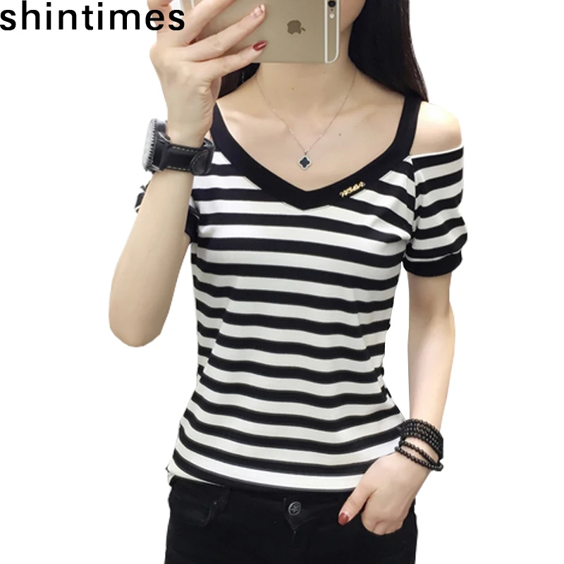 Женская футболка в полоску повседневная черная с v образным вырезом и открытыми