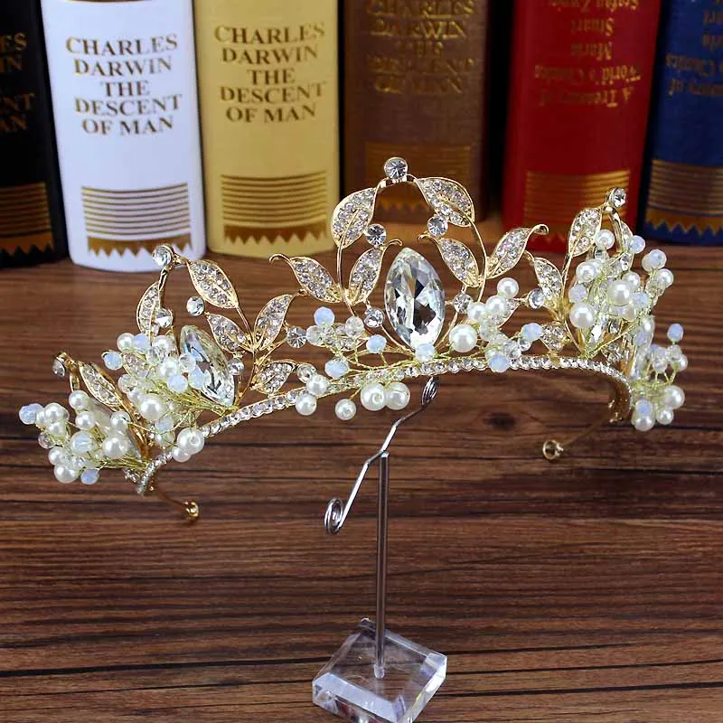 leaf tiara Роскошные Свадебные короны в стиле барокко с кристаллами и бусинами, ручная работа, жемчужная тиара, ободки, стразы, диадема, королевские свадебные аксессуары для волос - Окраска металла: leaf tiara