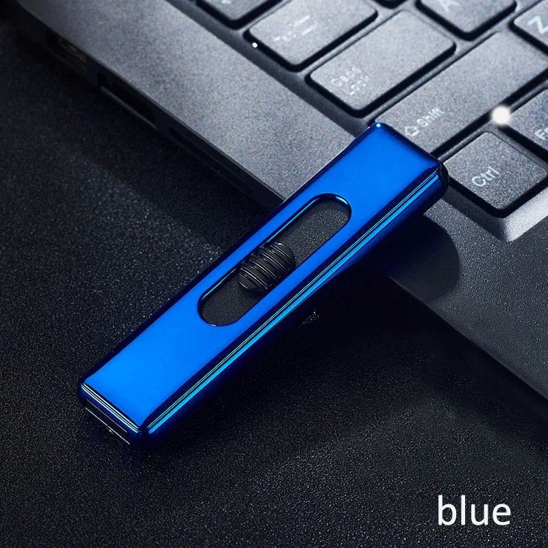 Цинковый сплав электронная USB Зажигалка перезаряжаемая WilndProof для мужчин подарок для курения гаджеты нажимать зажигать сигарету зажигалки беспламенные - Цвет: Синий