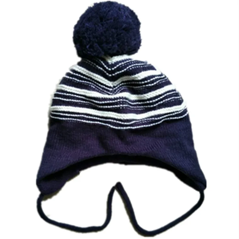 

Plush Wool knitting cute Colorblock Stripes Squares Warm hat Children Baby Soft Windproof Ear protection Cap Beanies with Pom