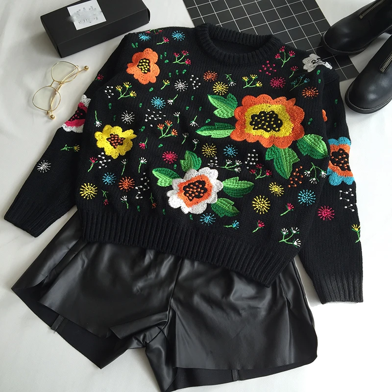 Women Black Embroidery Floral Knitted Sweater Female Loose O-neck Comfortable 2021 Spring Autumn Warm Woman's | Женская одежда
