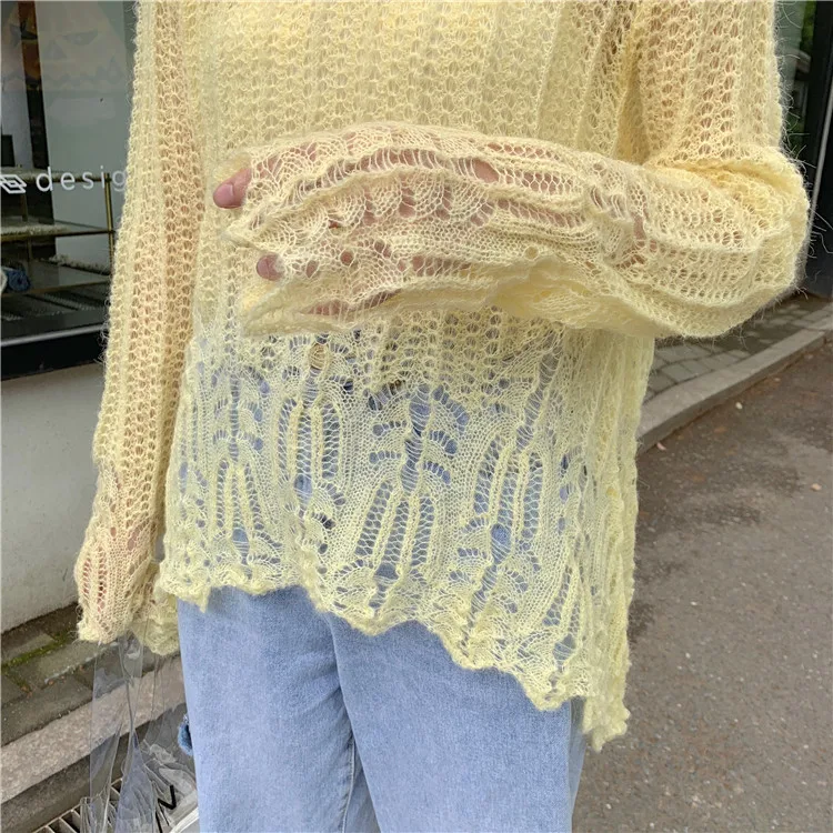 HAMALIEL New Summer Autumn Fashion Loose Sweater Tops Korean Chic Sky Blue Knitted Hollow Out Sexy Pollovers Thin Casual Jumpers | Женская