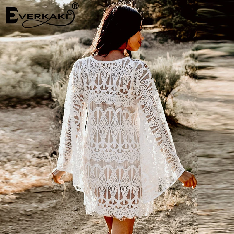 Everkaki Boho прозрачное кружевное мини-платье для женщин пляжный комбинезон
