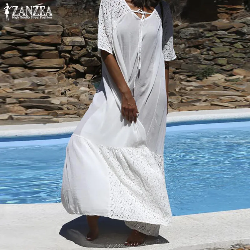Женский летний сарафан ZANZEA богемное модное кружевное платье Vestidos размера плюс с коротким рукавом Макси платье с v-образным вырезом 5XL