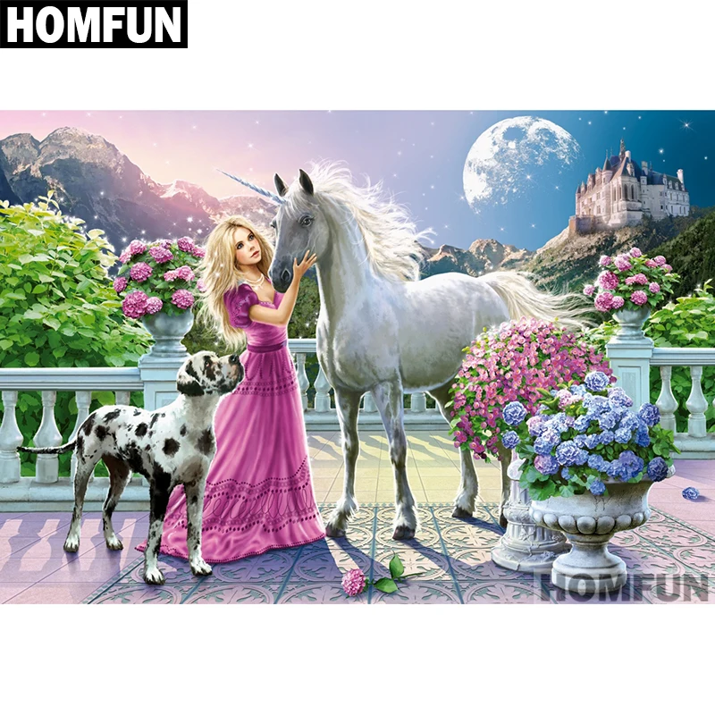 Алмазная живопись HOMFUN A01668 Единорог и принцесса полноразмерная/круглая вышивка