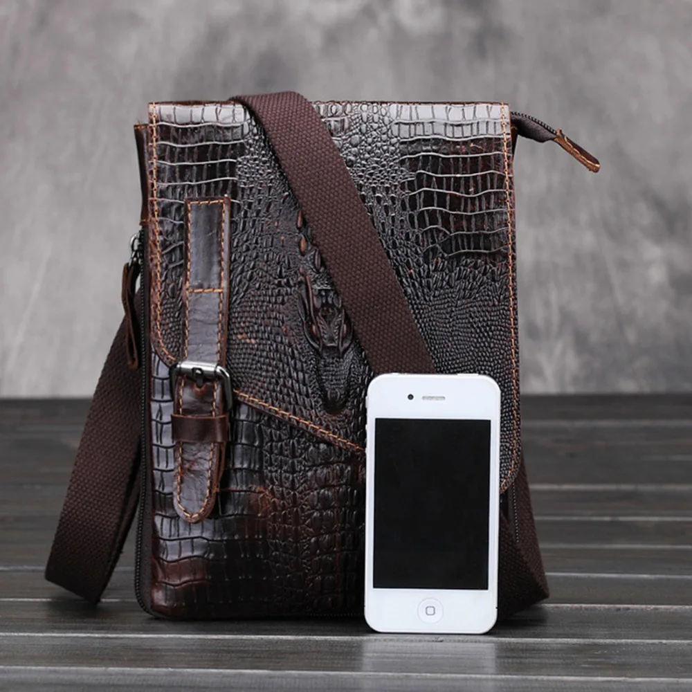 

High Quality Mini Real Cowhide Cross body Messenger Pouch Crocodile Pattern Style Retro Genuine Leather Men Sling Shoulder Bag