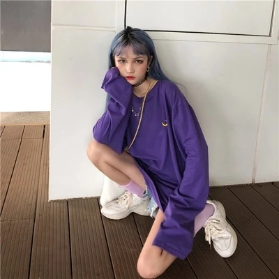 Фиолетовый Лето осень новая Женская Harajuku Moon вышивка с длинным рукавом o-образным вырезом фиолетовая футболка хип хоп повседневные майки футболки Femme - Цвет: Фиолетовый