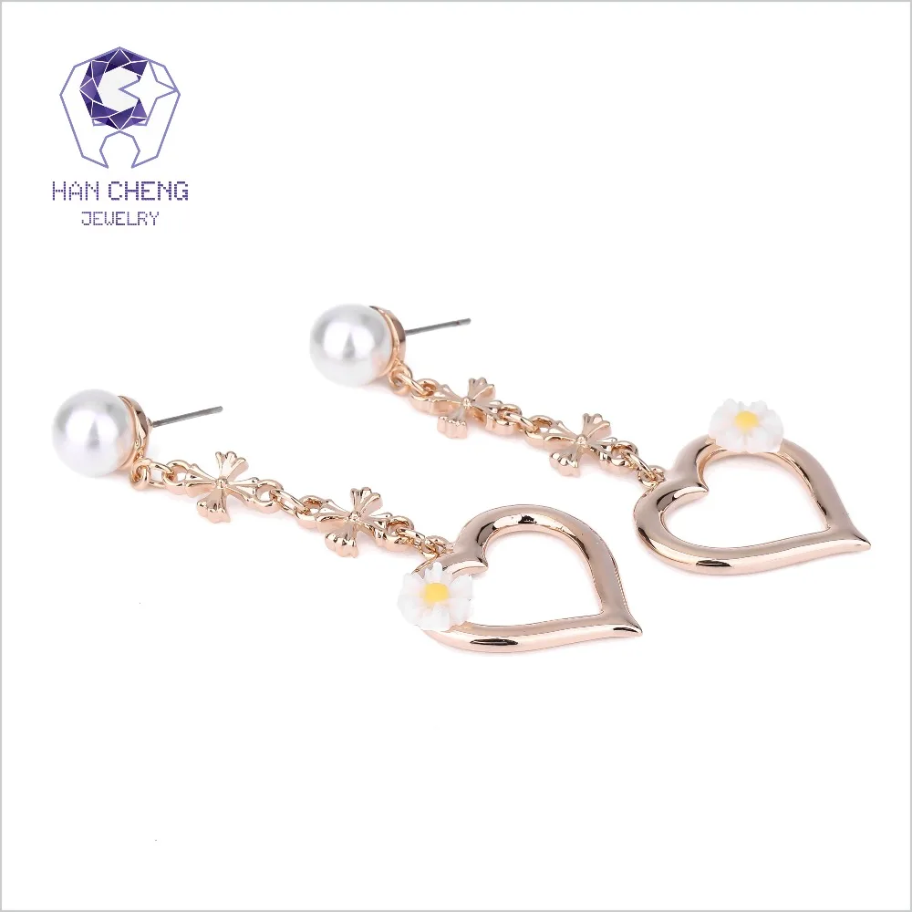 HanCheng Новый Модный золотой длинный висячий цветок из смолы с жемчугом и сердцем