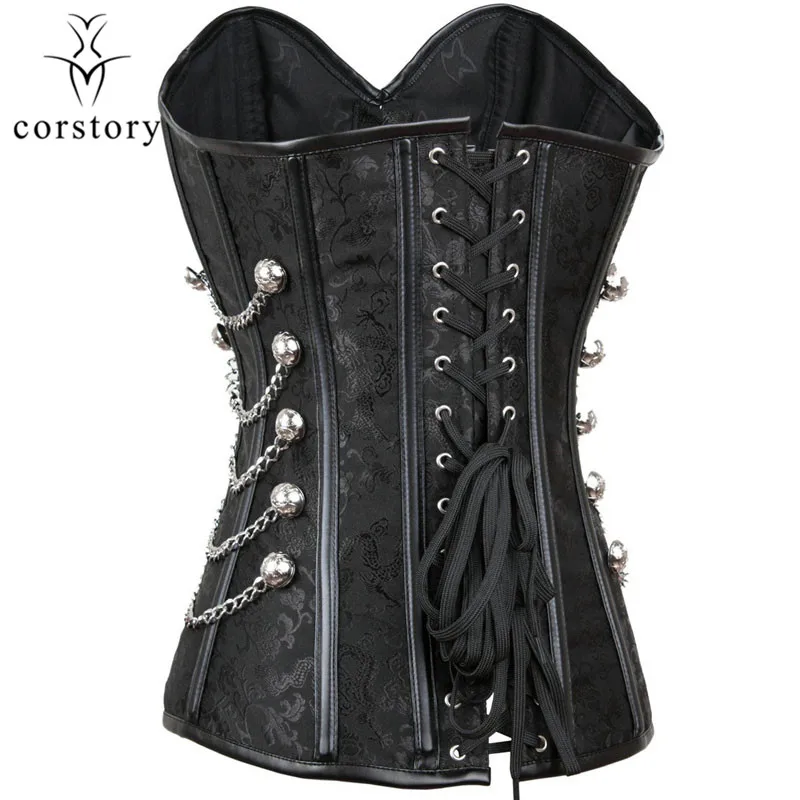 

Black Brocade Corset With White Buckle Chains Shoulder Jacket Detailed Two Leather Belts 6XL Gothic Steampunk Bustiers For Women