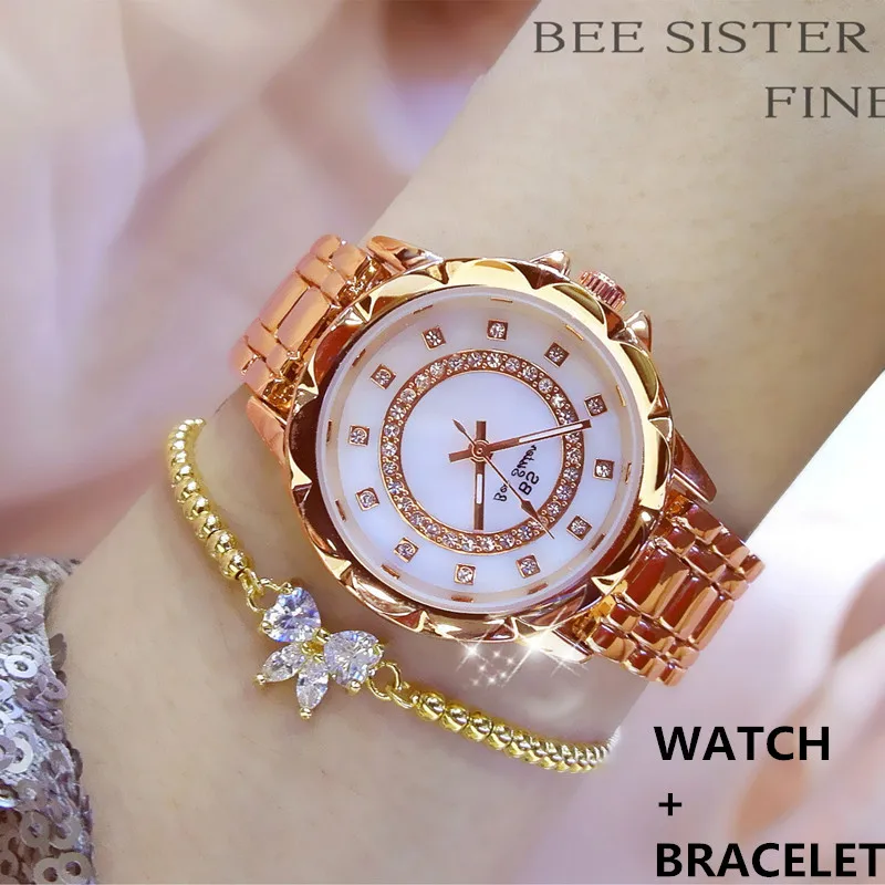 Rose-G with bracelet BS женские часы, роскошные брендовые модные повседневные женские часы, женские кварцевые часы с бриллиантами Geneva, женские наручные часы с браслетом для женщин - Цвет: Rose-G with bracelet
