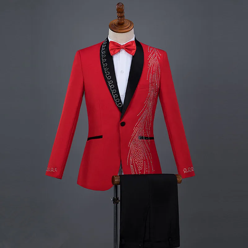 Red Blue Black White Crystals Tuxedo Men's Suit Adult Singer Host Stage Clothing Chorus Performance Costume Wedding Party Outfit
