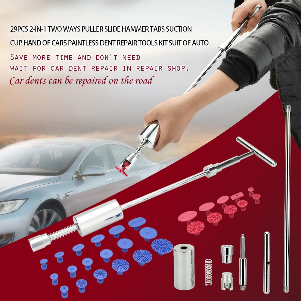 

29pcs 2-in-1 Two Ways Puller Slide Hammer Tabs Suction Cup Hand of Cars Paintless Dent Repair Tools Kit Suit of Auto