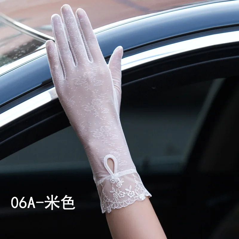A Beige Сексуальные весенние летние женские короткие перчатки с УФ-защитой от солнца и сенсорным экраном, модные женские тонкие шелковые кружевные перчатки с жемчугом для вождения 06AB - Цвет: A Beige