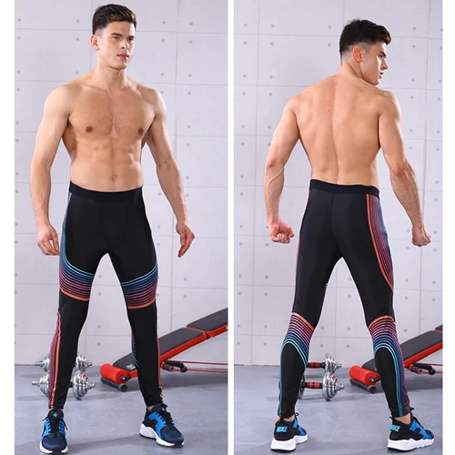 Men blue red Радужные Компрессионные спортивные штаны для бега для мужчин и женщин, растягивающиеся штаны для бега, быстросохнущая спортивная одежда, Рашгард, ММА, обтягивающие штаны для тренажерного зала - Цвет: Men blue red