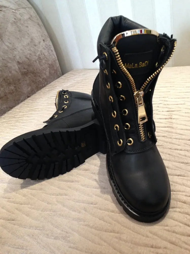 

Fashion Women Metal Zipper Wool Fur Warm Ankle Martin Boots Motorcyc High Quality Full Grain Leather Round Toe Short Flats Shoes