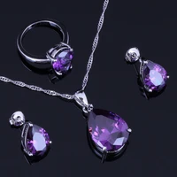 terrific water drop purple cubic zirconia silver plated jewelry sets earrings pendant chain ring v0958