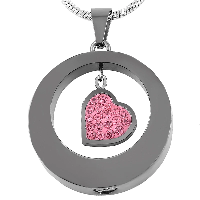 

KLH8251 Pink Crystal in Heart Circle Stainless Steel Cremation Pendant Necklace Ashes Keepsake Urn Necklace for Women