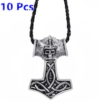 wholesale 10 pcs mens boys large thors hammer skull knight mjolnir pewter pendant necklace jewelry wlp294