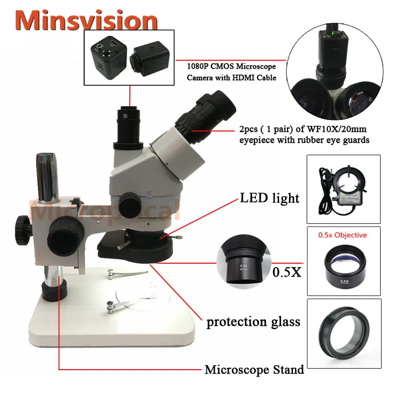 Minsvision 1080P HDMI цифровая камера 7-45X Тринокулярный Стерео микроскоп светодиодный регулируемый светильник
