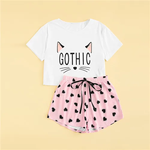 Многоцветный Dotfashion/ летний пижамный комплект для женщин: футболка с принтом кота и букв и шорты с сердечками, Повседневная Пижама с коротким рукавом - Цвет: Многоцветный