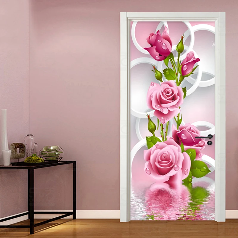 

Door Sticker 3D Stereo Pink Flowers Circle Wallpaper Living Room Bedroom Abstract Art Vinyl Door Mural Self-Adhesive Home Decor