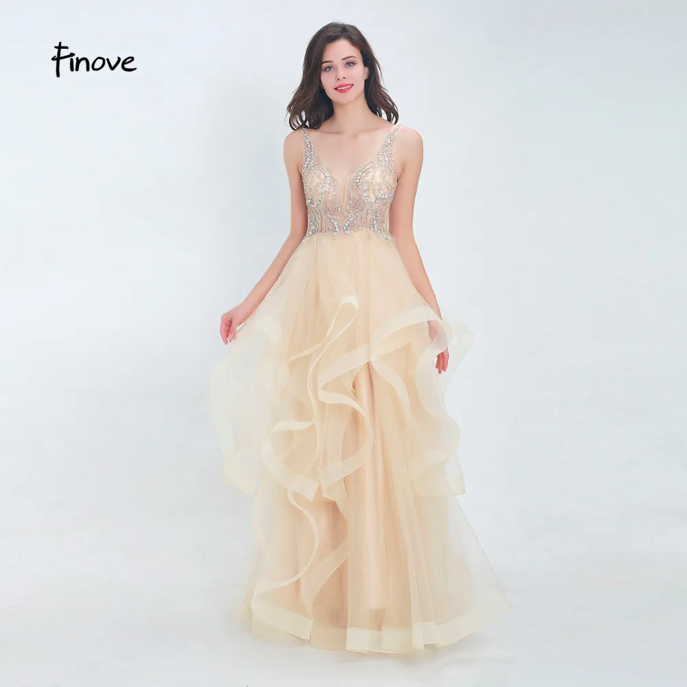 Finove Prom Dress New 2020 Sexy Tank V Neck Ruffles Beaded Long Floor Length Formal Party Gowns For Girls Plus Sizes | Свадьбы и