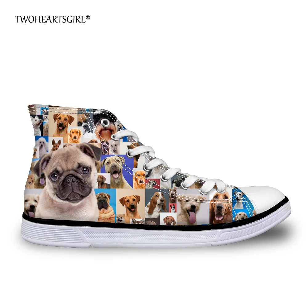 

Twoheartsgirl Cute Puppy Pug Dog Vulcanize Shoes for Women High Top Casual Flats Artist Animal Pattern Ankle Canvas Shoes