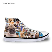 twoheartsgirl cute puppy pug dog vulcanize shoes for women high top casual flats artist animal pattern ankle canvas shoes