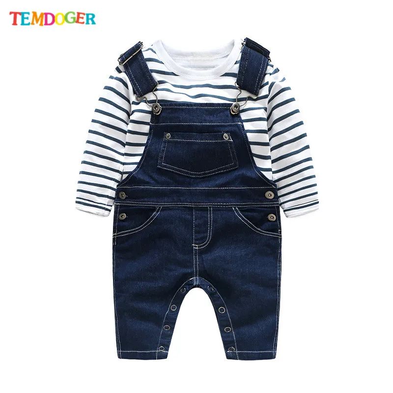 Tem Doger Baby Boy Clothing Sets Full Sleeve O-neck Pullover Striped Top+Suspenders Jeans Fashion Boys Suit 2pcs/set |
