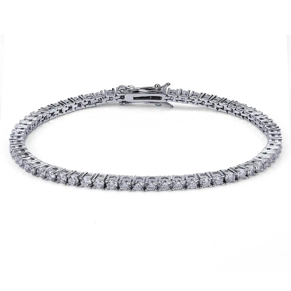 Silver JINAO, 3 мм, 5 мм, 1 ряд, золото, серебро, браслет, Micro Pave, AAA, кубический цирконий, все, льдом, из коробки, цепочка, Bling CZ, камни, браслет для мужчин, подарки - Окраска металла: Silver