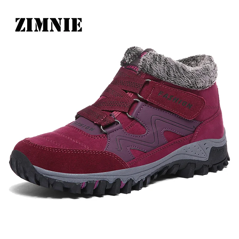 Wine Red ZIMNIE/ Мужская обувь для бега; теплые зимние ботинки на меху; зимняя рабочая обувь; Модные ботильоны на резиновой подошве для мужчин и женщин - Цвет: Wine Red