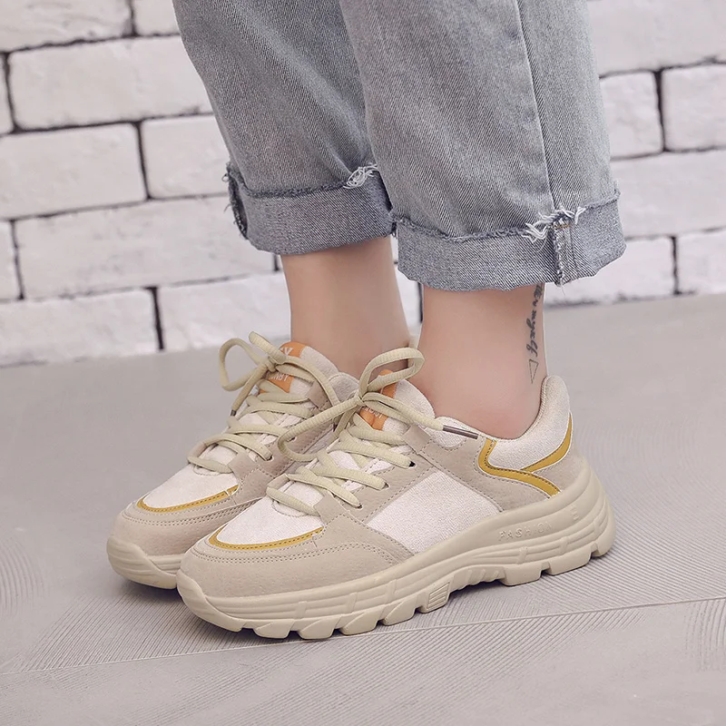 

WETKISS Fashion Casual Flats Woman Lace Up Round Toe Footwear Platform Dorky Dad Shoes Female Clunky Sneakers Shoes Girl 2019