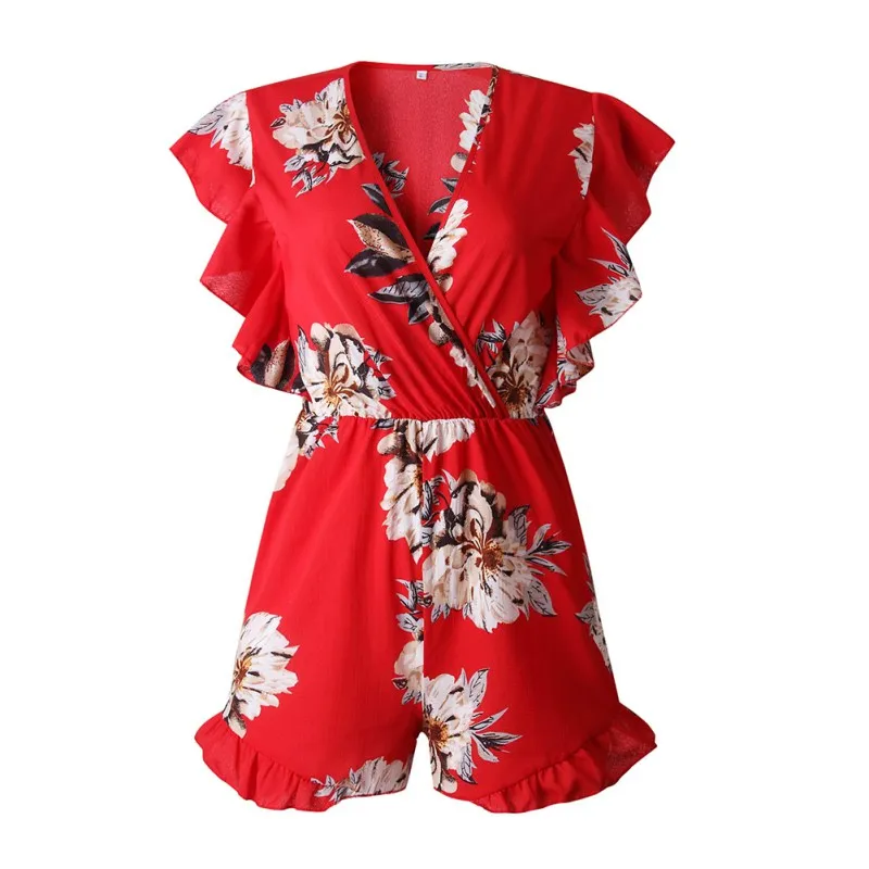 

Newest Women Sweet Floral Printed Romper Summer Lace Loose Deep V-neck Short Sleeves Slim High Waist Wide Leg Jumpsuit#2019.6.21